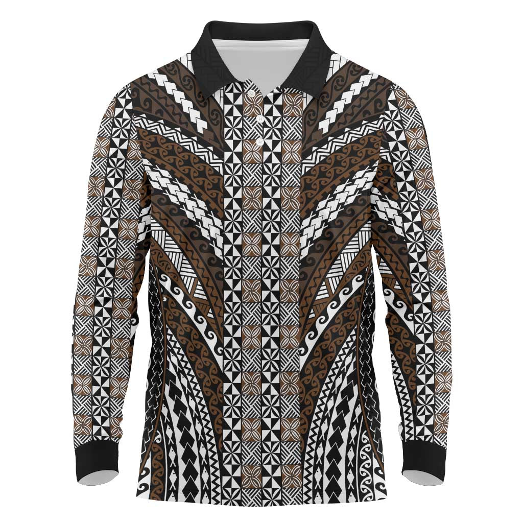 Brown Tongan Polynesian Tribal Long Sleeve Polo Shirt - Polynesian Pride