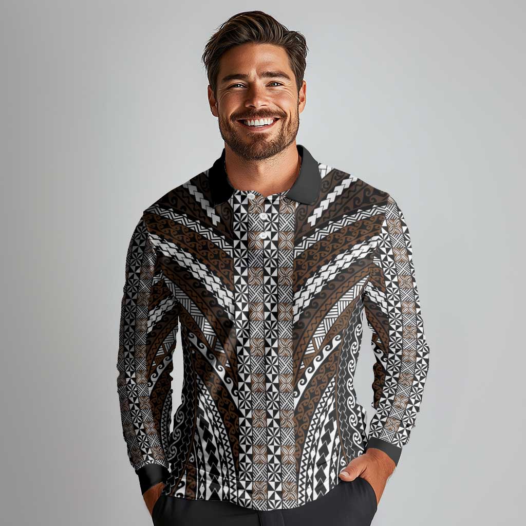 Brown Tongan Polynesian Tribal Long Sleeve Polo Shirt - Polynesian Pride