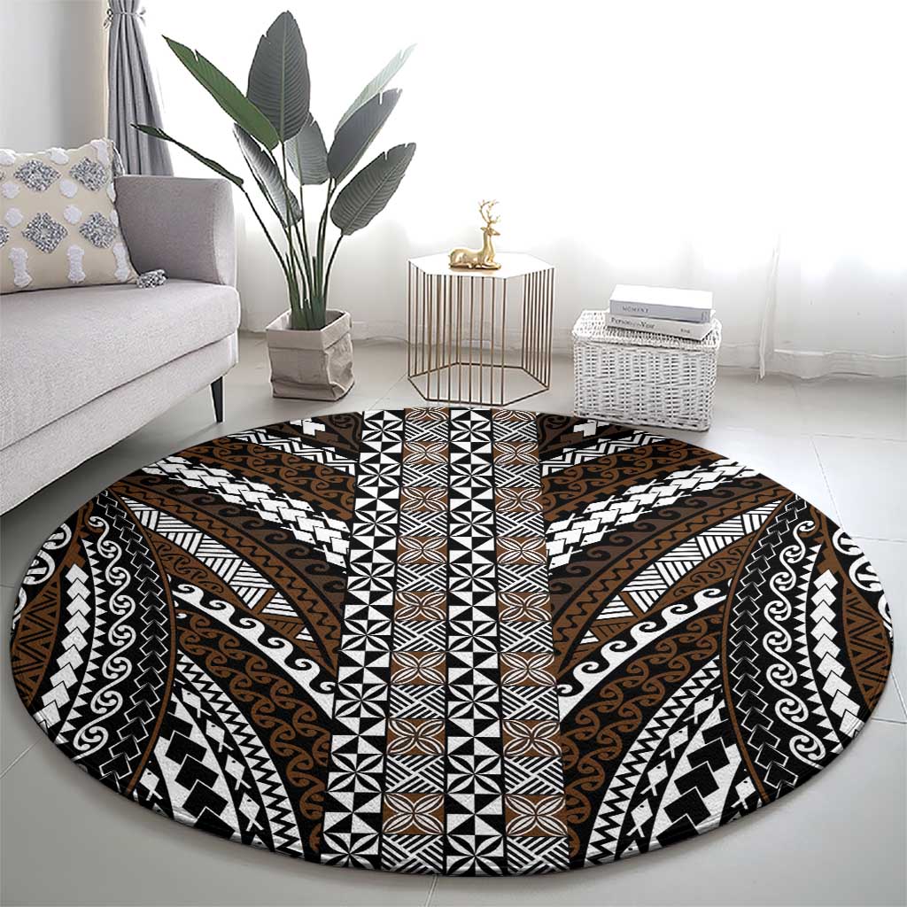 Brown Tongan Polynesian Tribal Round Carpet - Polynesian Pride