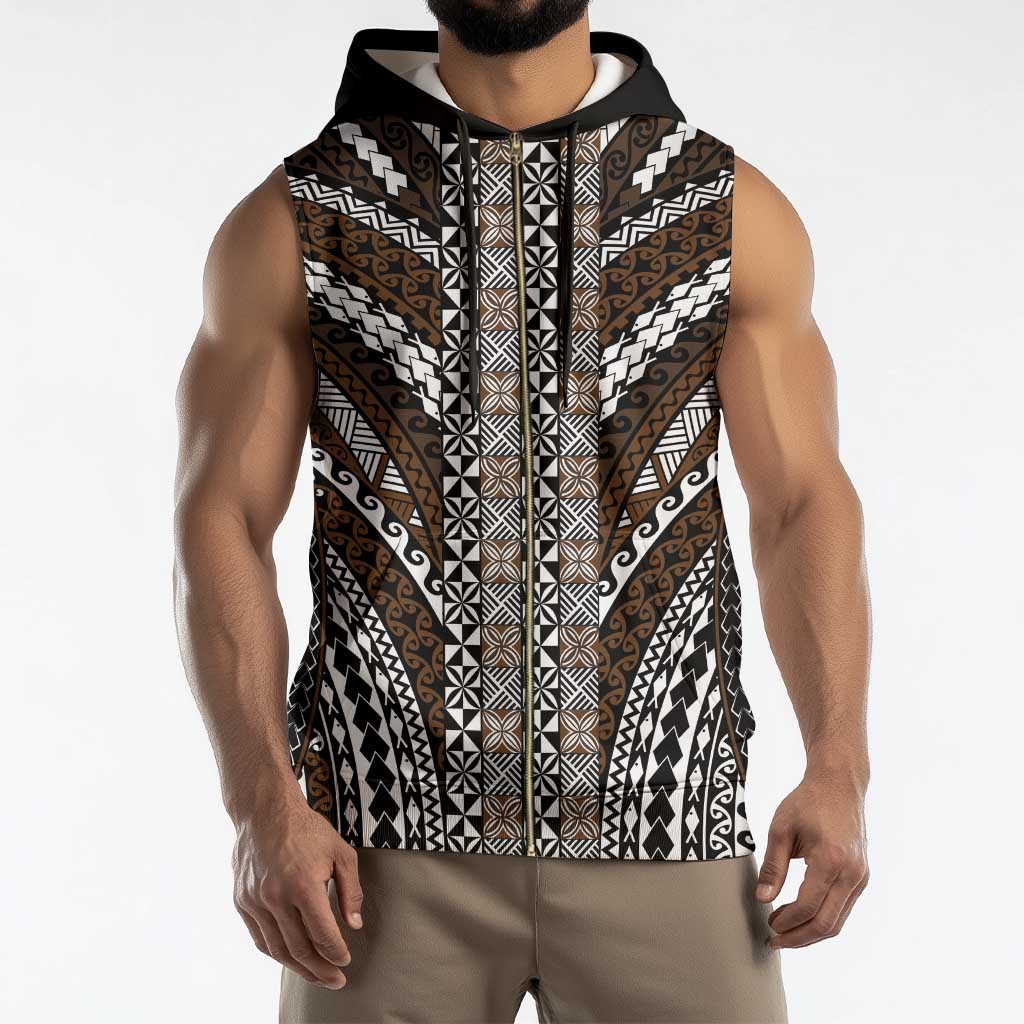 Brown Tongan Polynesian Tribal Sleeveless Zip Hoodie - Polynesian Pride
