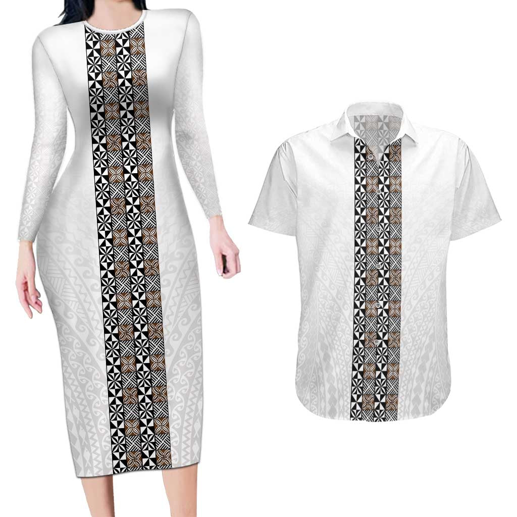 Light Gray Tongan Polynesian Tribal Couples Matching Long Sleeve Bodycon Dress and Hawaiian Shirt - Polynesian Pride