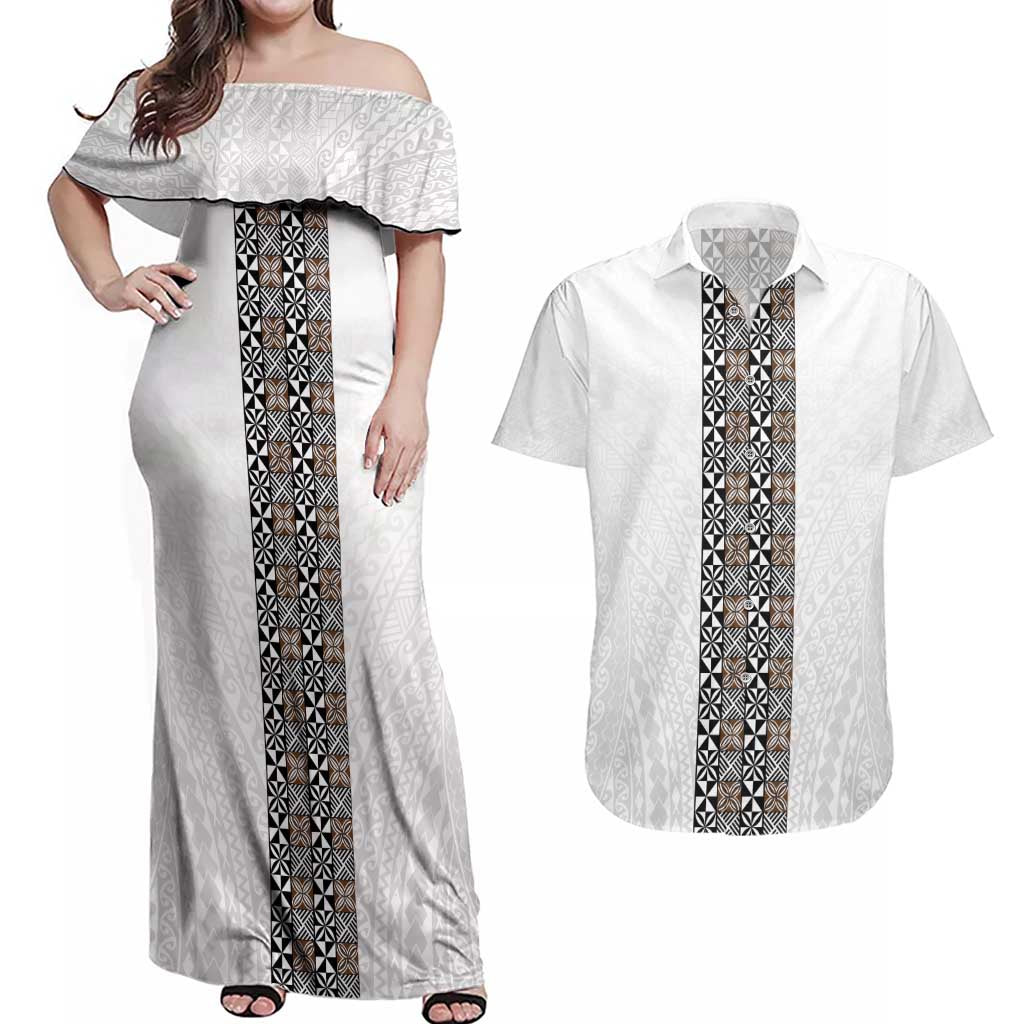 Light Gray Tongan Polynesian Tribal Couples Matching Off Shoulder Maxi Dress and Hawaiian Shirt - Polynesian Pride