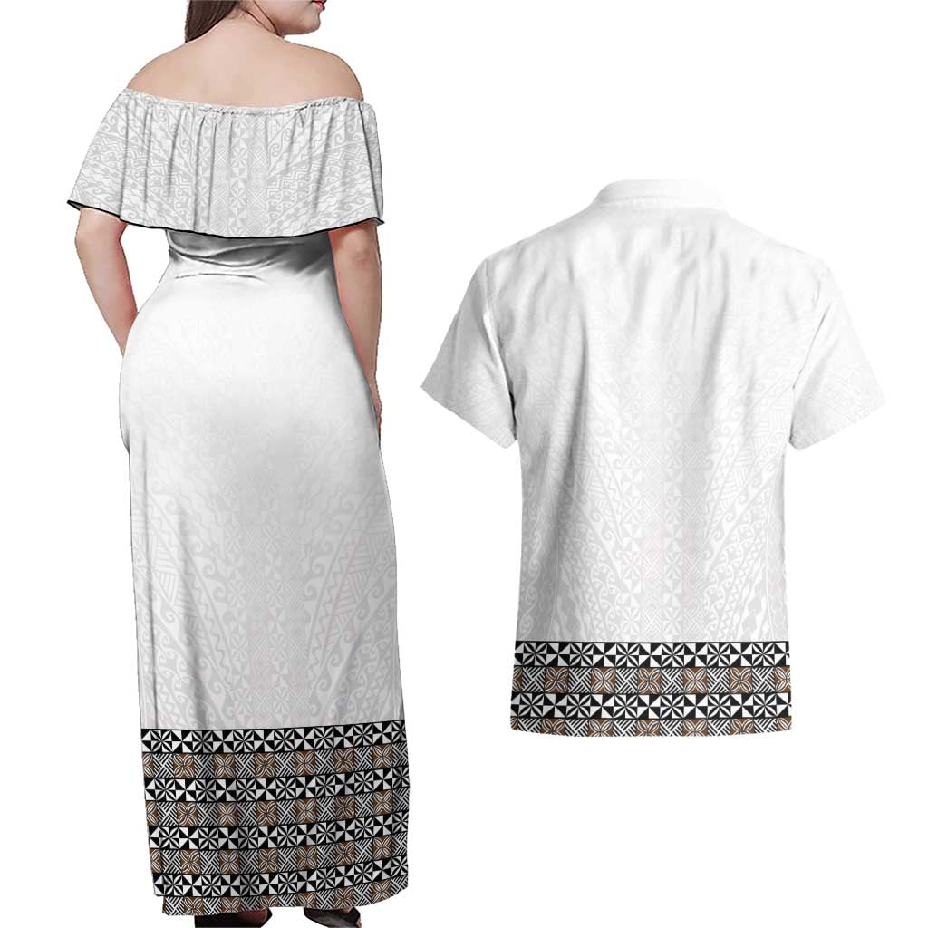Light Gray Tongan Polynesian Tribal Couples Matching Off Shoulder Maxi Dress and Hawaiian Shirt - Polynesian Pride