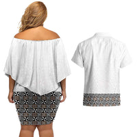 Light Gray Tongan Polynesian Tribal Couples Matching Off Shoulder Short Dress and Hawaiian Shirt - Polynesian Pride