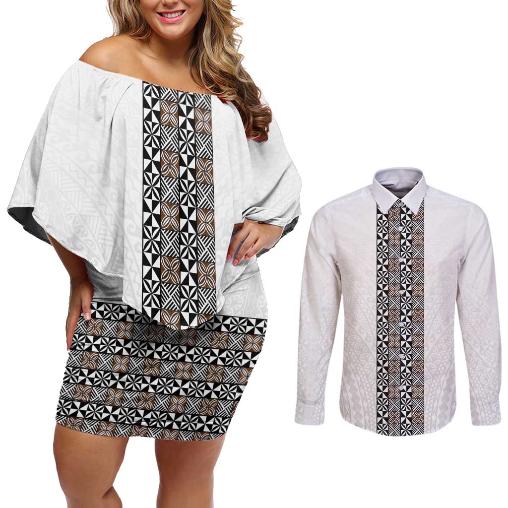 Light Gray Tongan Polynesian Tribal Couples Matching Off Shoulder Short Dress and Long Sleeve Button Shirt - Polynesian Pride