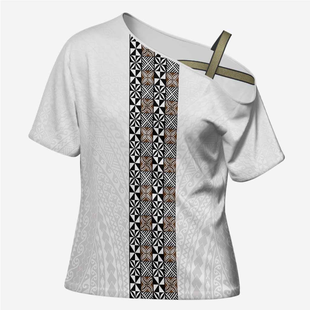 Light Gray Tongan Polynesian Tribal Cross Shoulder Shirt - Polynesian Pride
