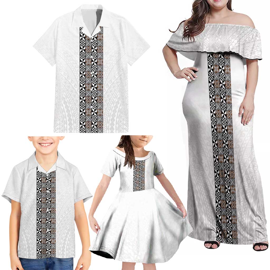 Light Gray Tongan Polynesian Tribal Family Matching Off Shoulder Maxi Dress and Hawaiian Shirt - Polynesian Pride