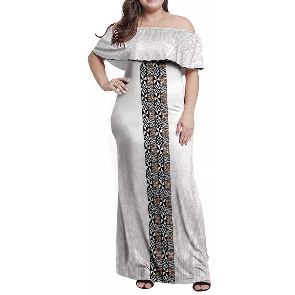 Light Gray Tongan Polynesian Tribal Family Matching Off Shoulder Maxi Dress and Hawaiian Shirt - Polynesian Pride