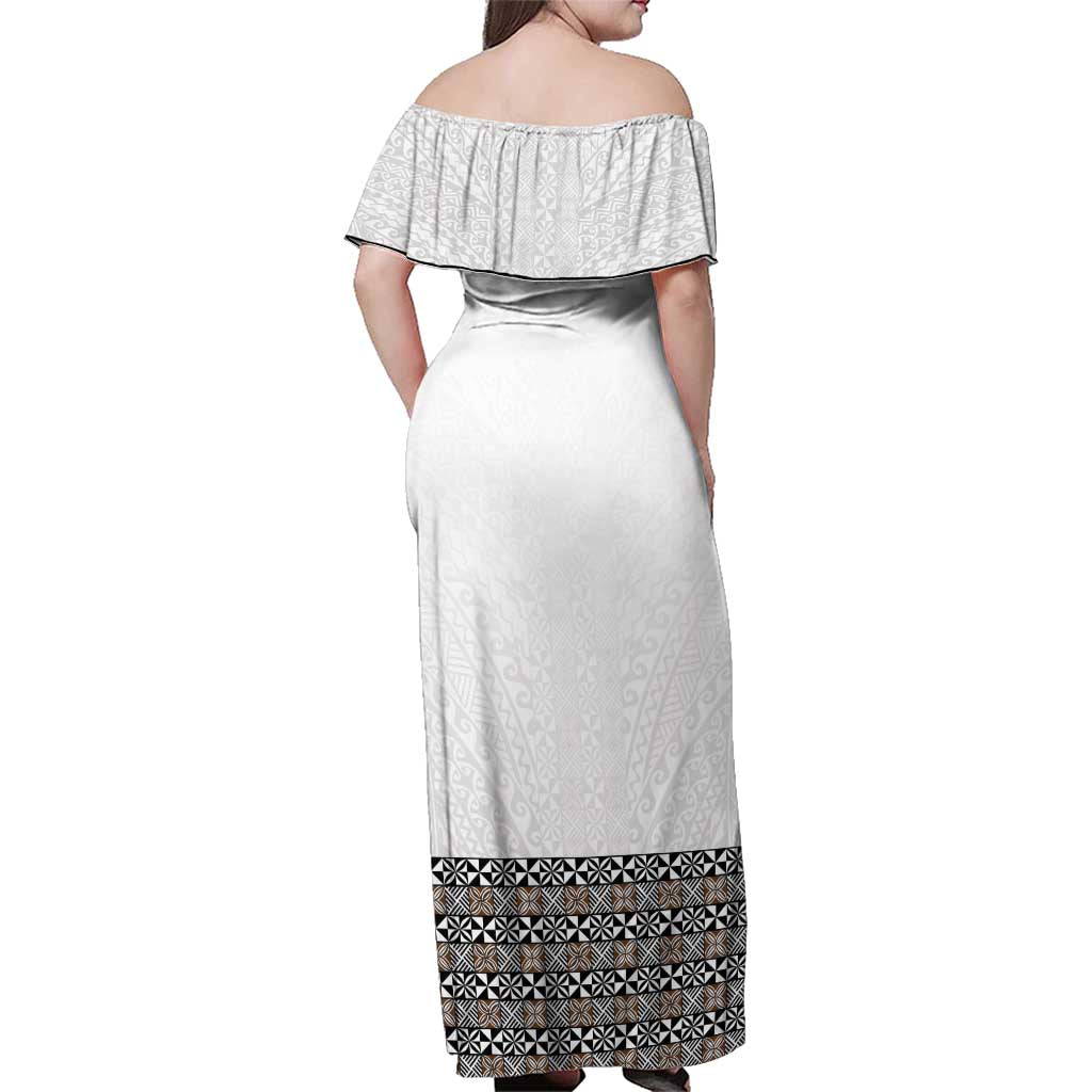 Light Gray Tongan Polynesian Tribal Family Matching Off Shoulder Maxi Dress and Hawaiian Shirt - Polynesian Pride