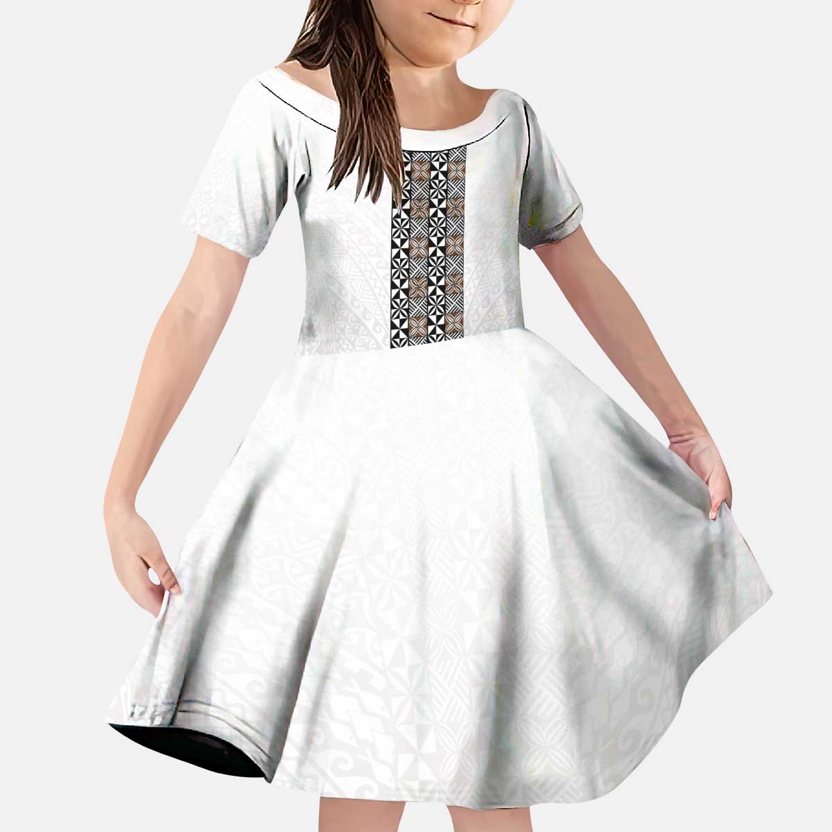Light Gray Tongan Polynesian Tribal Kid Short Sleeve Dress - Polynesian Pride