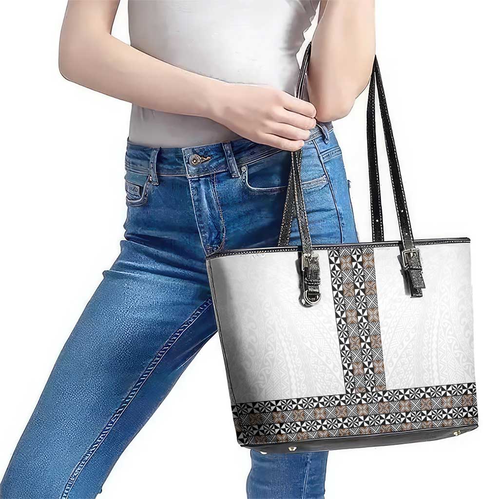 Light Gray Tongan Polynesian Tribal Leather Tote Bag - Polynesian Pride