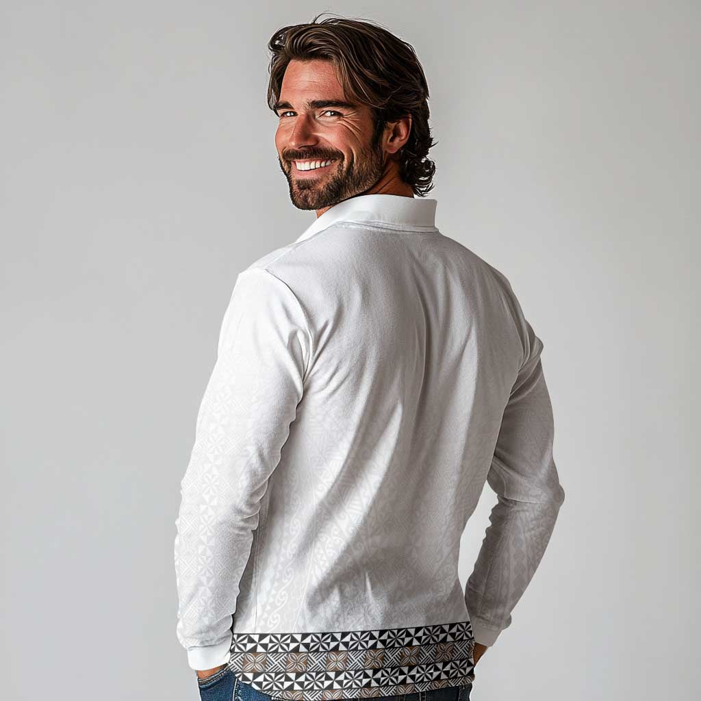 Light Gray Tongan Polynesian Tribal Long Sleeve Polo Shirt - Polynesian Pride