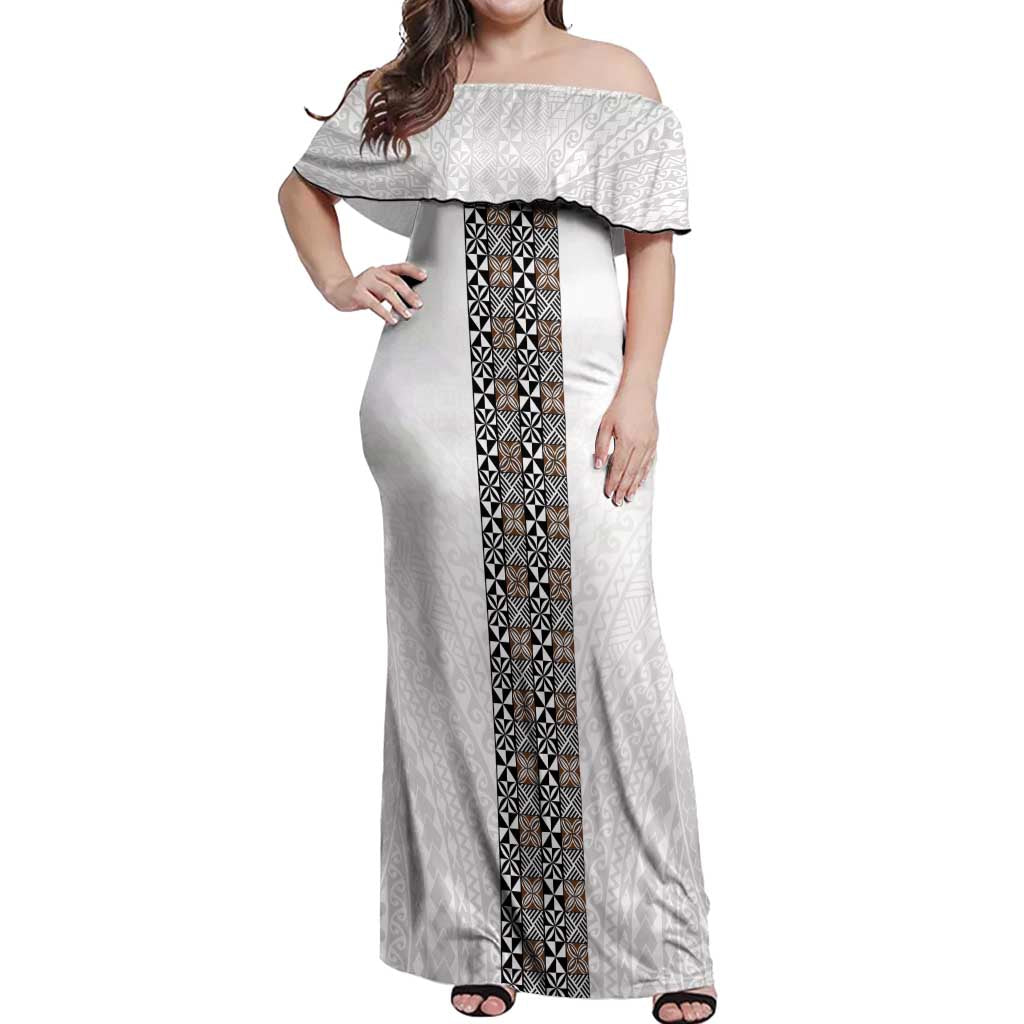 Light Gray Tongan Polynesian Tribal Off Shoulder Maxi Dress - Polynesian Pride