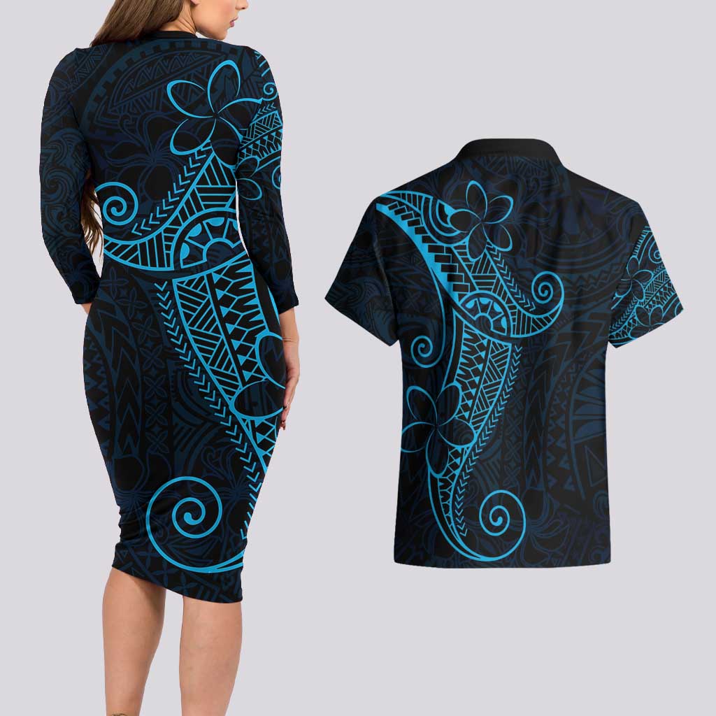 Black Blue Polynesian Tribal Couples Matching Long Sleeve Bodycon Dress and Hawaiian Shirt - Polynesian Pride