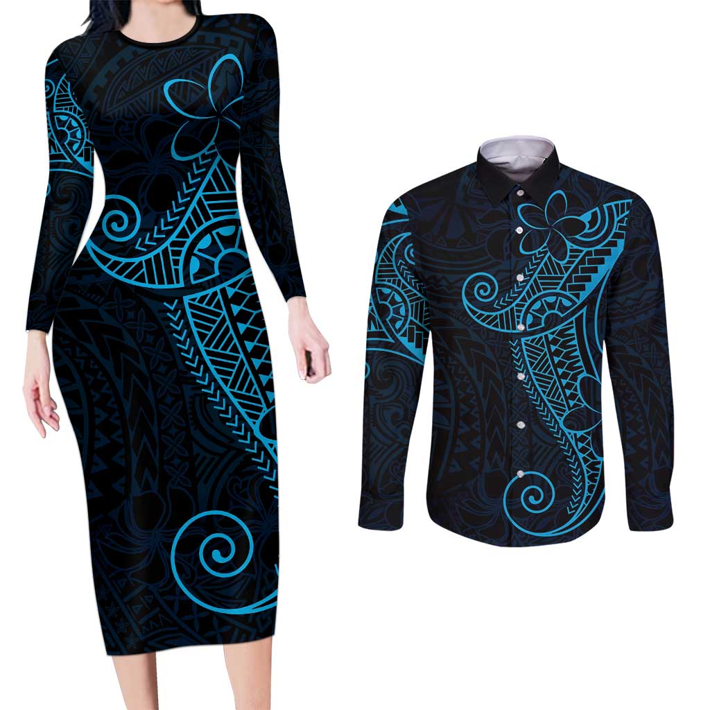 Black Blue Polynesian Tribal Couples Matching Long Sleeve Bodycon Dress and Long Sleeve Button Shirt - Polynesian Pride