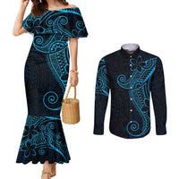 Black Blue Polynesian Tribal Couples Matching Mermaid Dress and Long Sleeve Button Shirt - Polynesian Pride