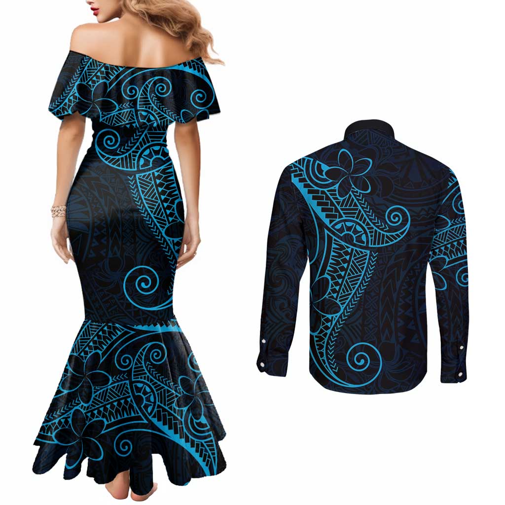 Black Blue Polynesian Tribal Couples Matching Mermaid Dress and Long Sleeve Button Shirt - Polynesian Pride