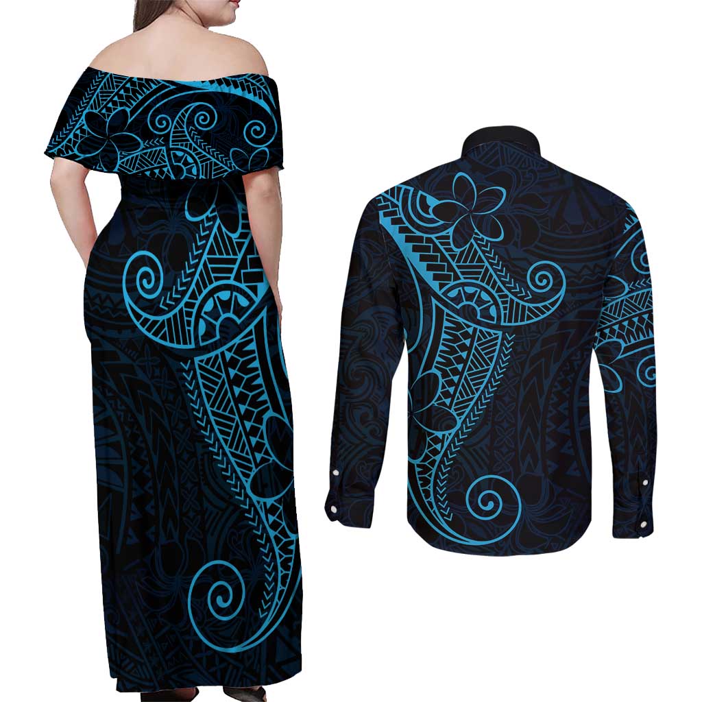 Black Blue Polynesian Tribal Couples Matching Off Shoulder Maxi Dress and Long Sleeve Button Shirt - Polynesian Pride