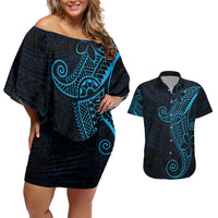 Black Blue Polynesian Tribal Couples Matching Off Shoulder Short Dress and Hawaiian Shirt - Polynesian Pride
