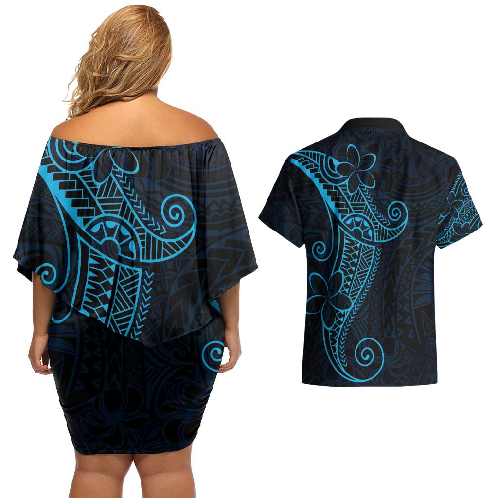 Black Blue Polynesian Tribal Couples Matching Off Shoulder Short Dress and Hawaiian Shirt - Polynesian Pride