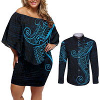 Black Blue Polynesian Tribal Couples Matching Off Shoulder Short Dress and Long Sleeve Button Shirt - Polynesian Pride