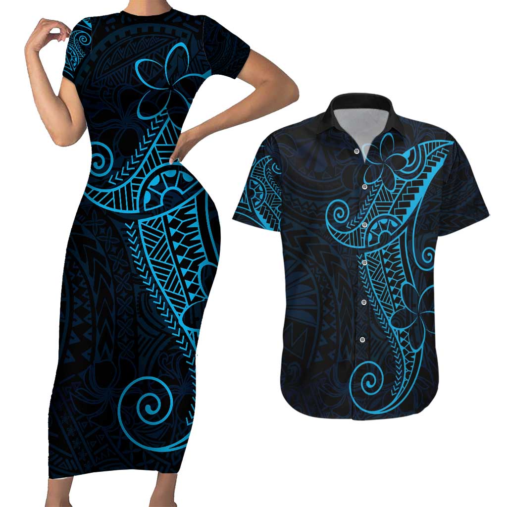 Black Blue Polynesian Tribal Couples Matching Short Sleeve Bodycon Dress and Hawaiian Shirt - Polynesian Pride