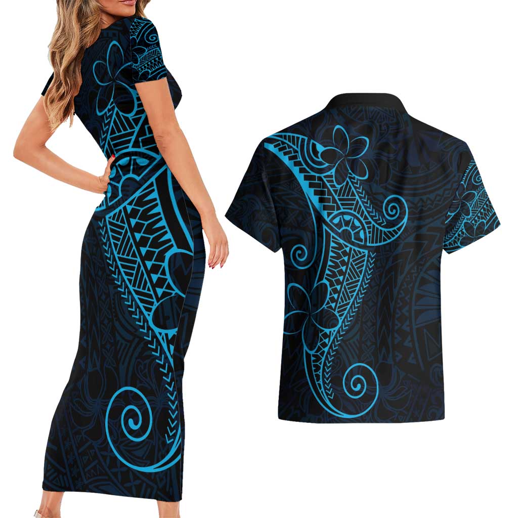 Black Blue Polynesian Tribal Couples Matching Short Sleeve Bodycon Dress and Hawaiian Shirt - Polynesian Pride