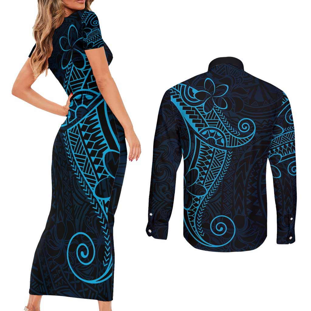 Black Blue Polynesian Tribal Couples Matching Short Sleeve Bodycon Dress and Long Sleeve Button Shirt - Polynesian Pride