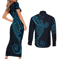 Black Blue Polynesian Tribal Couples Matching Short Sleeve Bodycon Dress and Long Sleeve Button Shirt - Polynesian Pride