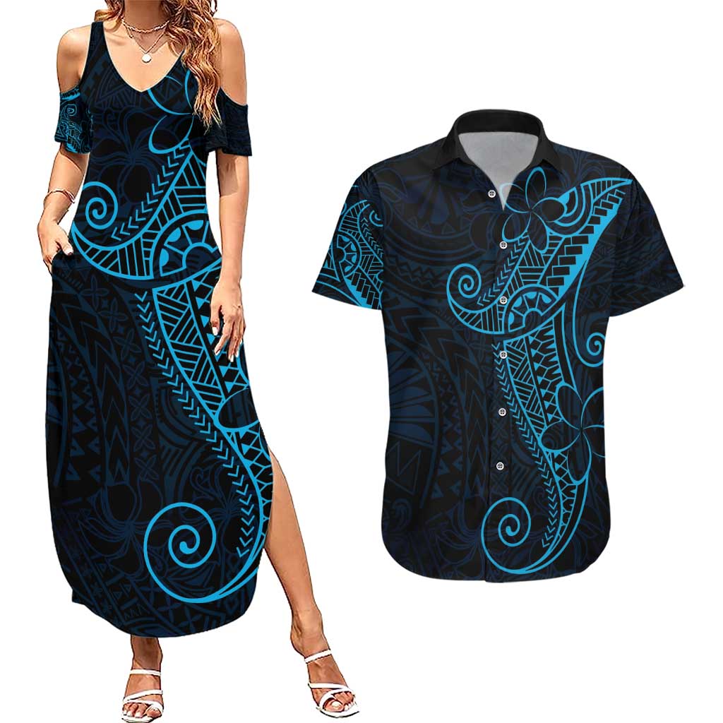 Black Blue Polynesian Tribal Couples Matching Summer Maxi Dress and Hawaiian Shirt - Polynesian Pride