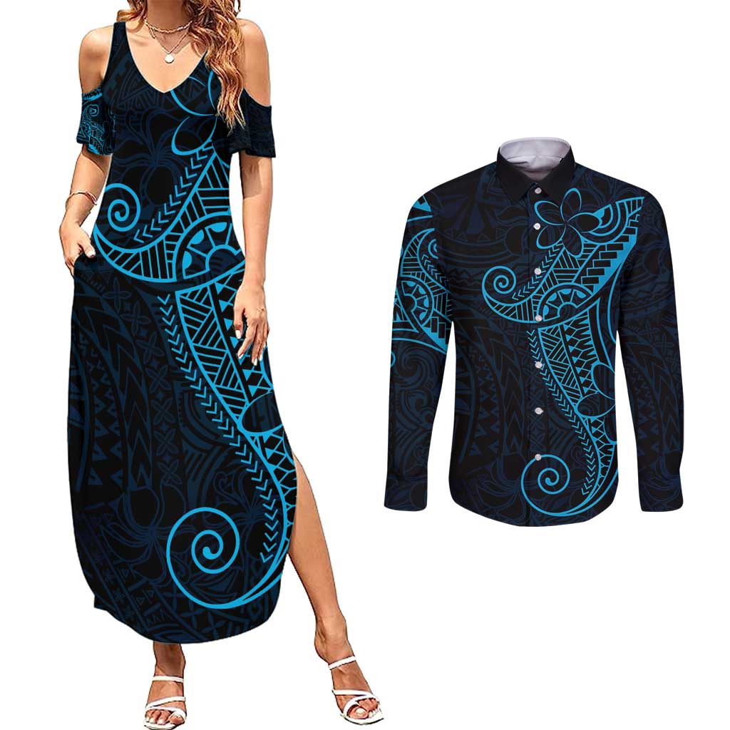 Black Blue Polynesian Tribal Couples Matching Summer Maxi Dress and Long Sleeve Button Shirt - Polynesian Pride