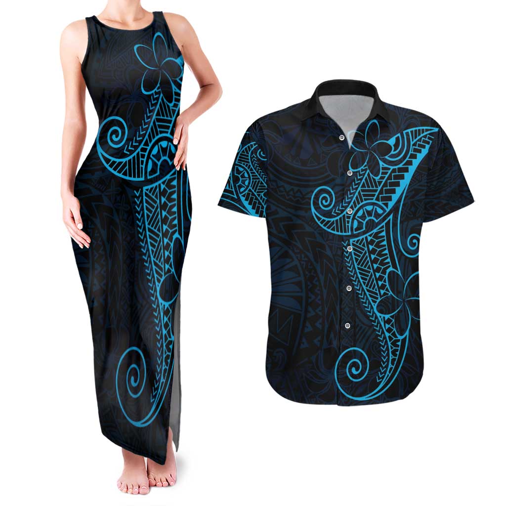 Black Blue Polynesian Tribal Couples Matching Tank Maxi Dress and Hawaiian Shirt - Polynesian Pride