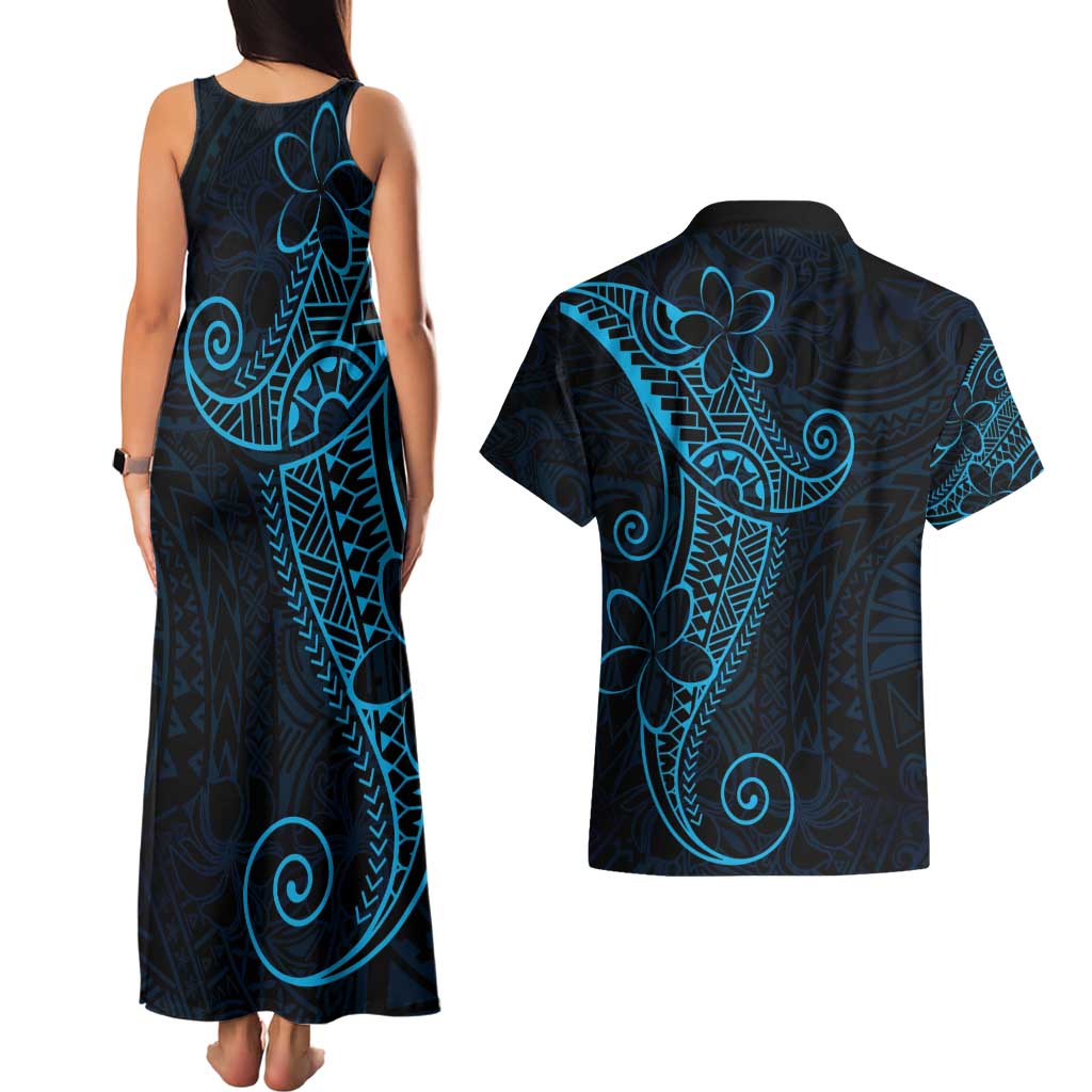 Black Blue Polynesian Tribal Couples Matching Tank Maxi Dress and Hawaiian Shirt - Polynesian Pride