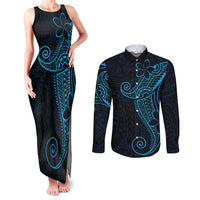 Black Blue Polynesian Tribal Couples Matching Tank Maxi Dress and Long Sleeve Button Shirt - Polynesian Pride