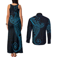 Black Blue Polynesian Tribal Couples Matching Tank Maxi Dress and Long Sleeve Button Shirt - Polynesian Pride
