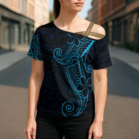 Black Blue Polynesian Tribal Cross Shoulder Shirt - Polynesian Pride