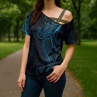 Black Blue Polynesian Tribal Cross Shoulder Shirt - Polynesian Pride