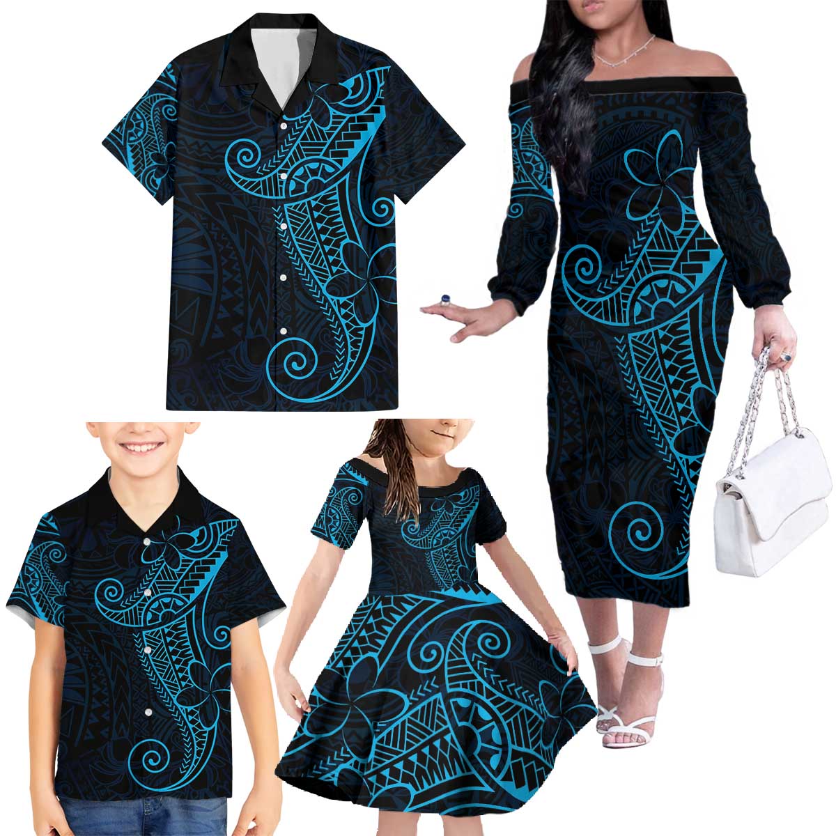 Black Blue Polynesian Tribal Family Matching Off The Shoulder Long Sleeve Dress and Hawaiian Shirt - Polynesian Pride