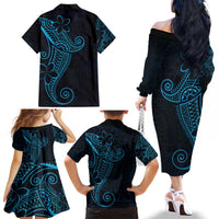 Black Blue Polynesian Tribal Family Matching Off The Shoulder Long Sleeve Dress and Hawaiian Shirt - Polynesian Pride