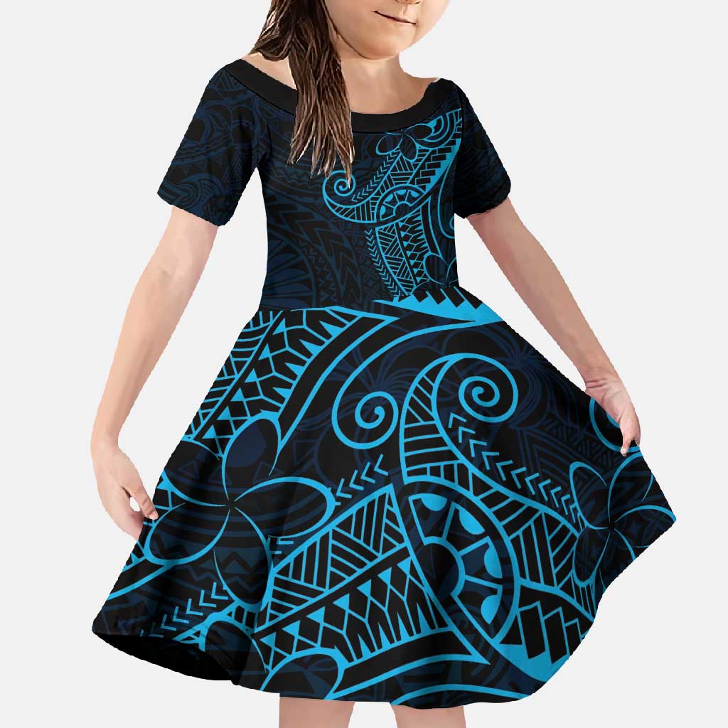 Black Blue Polynesian Tribal Family Matching Off Shoulder Maxi Dress and Hawaiian Shirt - Polynesian Pride