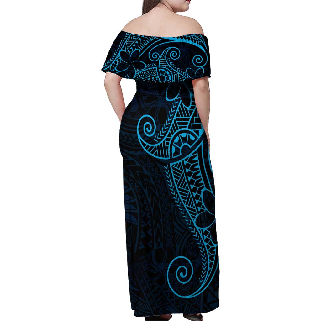 Black Blue Polynesian Tribal Family Matching Off Shoulder Maxi Dress and Hawaiian Shirt - Polynesian Pride