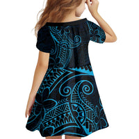 Black Blue Polynesian Tribal Family Matching Off Shoulder Short Dress and Hawaiian Shirt - Polynesian Pride