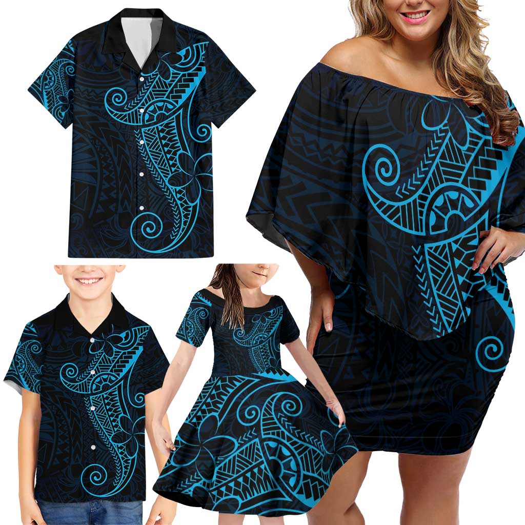 Black Blue Polynesian Tribal Family Matching Off Shoulder Short Dress and Hawaiian Shirt - Polynesian Pride