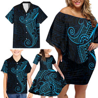 Black Blue Polynesian Tribal Family Matching Off Shoulder Short Dress and Hawaiian Shirt - Polynesian Pride