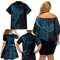 Black Blue Polynesian Tribal Family Matching Off Shoulder Short Dress and Hawaiian Shirt - Polynesian Pride