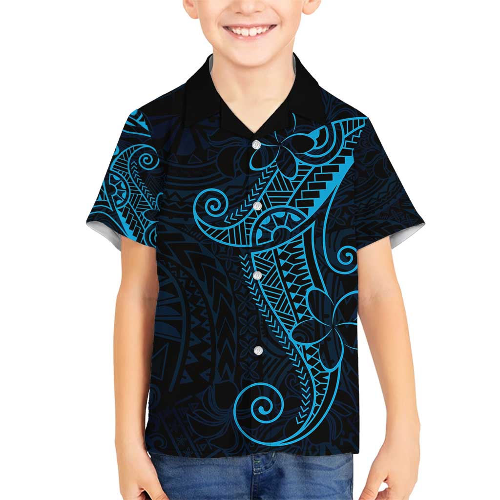 Black Blue Polynesian Tribal Family Matching Off Shoulder Short Dress and Hawaiian Shirt - Polynesian Pride