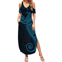 Black Blue Polynesian Tribal Family Matching Summer Maxi Dress and Hawaiian Shirt - Polynesian Pride
