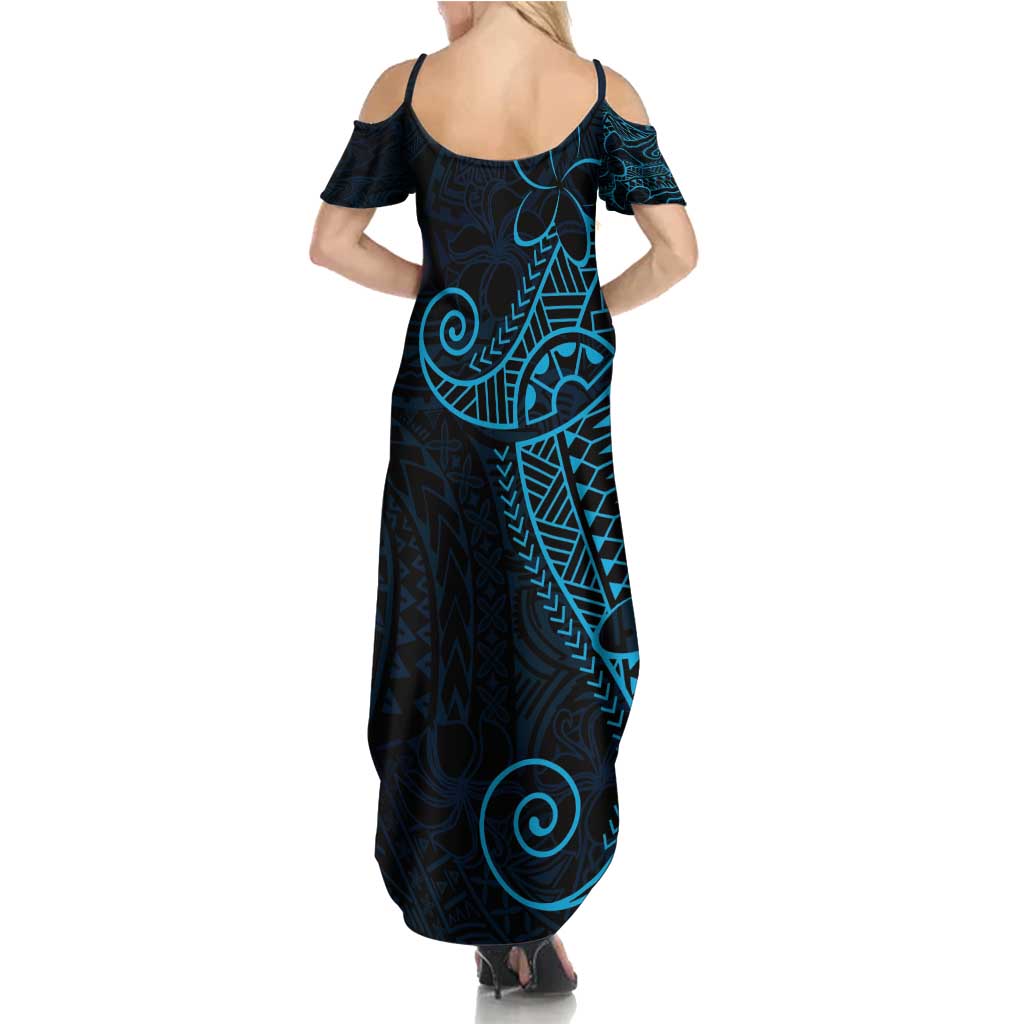 Black Blue Polynesian Tribal Family Matching Summer Maxi Dress and Hawaiian Shirt - Polynesian Pride