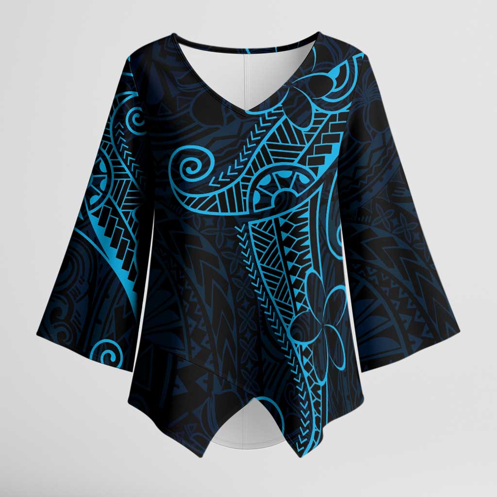 Black Blue Polynesian Tribal Kimono Sleeve Blouse - Polynesian Pride