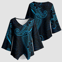 Black Blue Polynesian Tribal Kimono Sleeve Blouse - Polynesian Pride